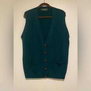 Teal Button Down Cable Knit Vest 100% Merino Wool